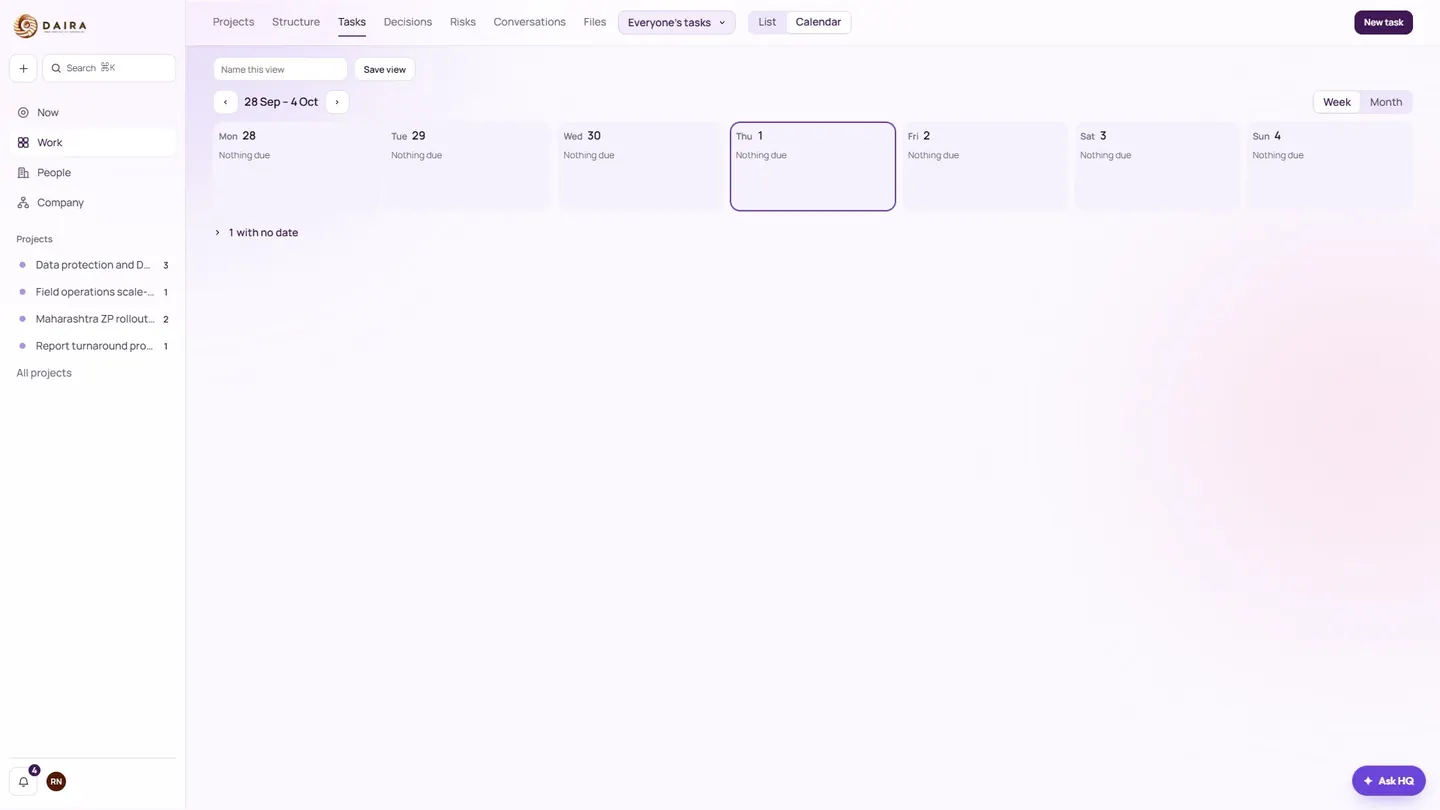 Daira HQ calendar view of tasks across a week
